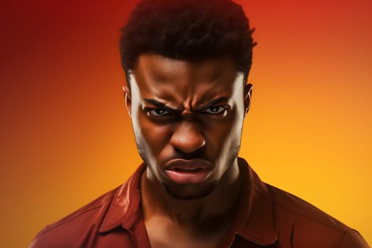 Angry mature African American man with glasses yelling, head and shoulders portrait on orange background. Neural network generated image. Not based on any actual person or scene.