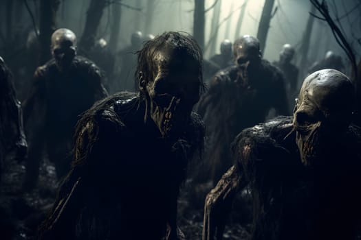 group of zombies standing in the summer forest at night. Neural network generated image. Not based on any actual person, scene or pattern.