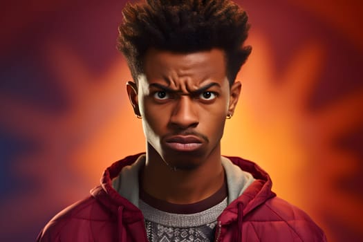 Angry mature African American man with glasses yelling, head and shoulders portrait on orange background. Neural network generated image. Not based on any actual person or scene.