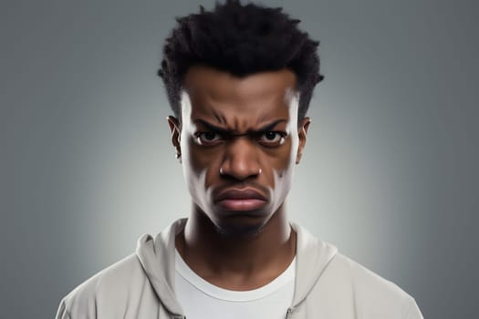 grim young adult African American man, head and shoulders portrait on grey background. Neural network generated photorealistic image. Not based on any actual person or scene.