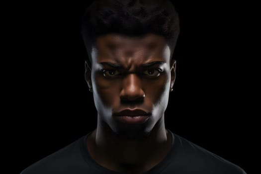 serious young adult African American man, head and shoulders portrait on black background. Neural network generated photorealistic image. Not based on any actual person or scene.