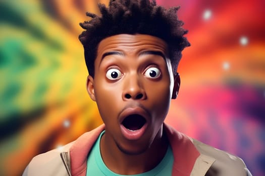 Surprised and scared young adult African American man on colorful background. Neural network generated image. Not based on any actual person or scene.
