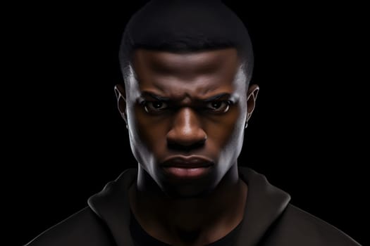 serious young adult African American man, head and shoulders portrait on black background. Neural network generated photorealistic image. Not based on any actual person or scene.