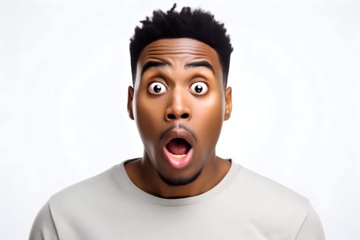 surprised African American man, head and shoulders portrait on white background. Neural network generated image. Not based on any actual person or scene.