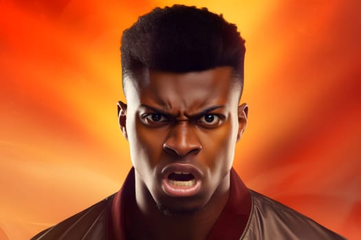 Angry mature African American man with glasses yelling, head and shoulders portrait on orange background. Neural network generated image. Not based on any actual person or scene.