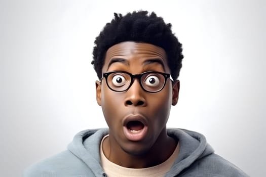 surprised African American man with glasses, head and shoulders portrait on white background. Neural network generated image. Not based on any actual person or scene.