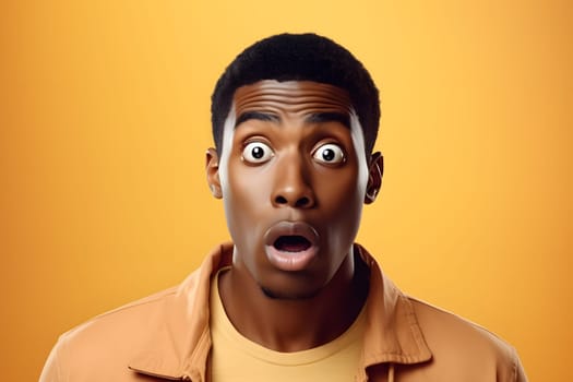 surprised African American man, head and shoulders portrait on yellow background. Neural network generated image. Not based on any actual person or scene.