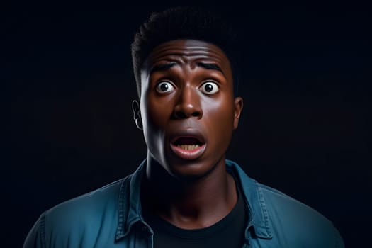 surprised and scared African American man, head and shoulders portrait on black background. Neural network generated image. Not based on any actual person or scene.