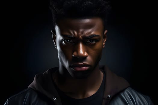 serious young adult African American man, head and shoulders portrait on black background. Neural network generated photorealistic image. Not based on any actual person or scene.