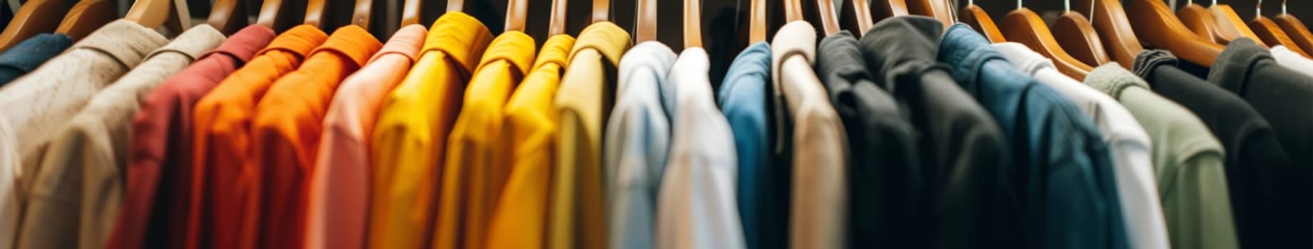 A wide view of a diverse selection of colorful clothes neatly arranged in a closet