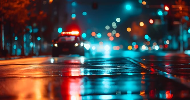 defocused police car with flashing lights at night in city street, low angle view. Neural network generated image. Not based on any actual person or scene.