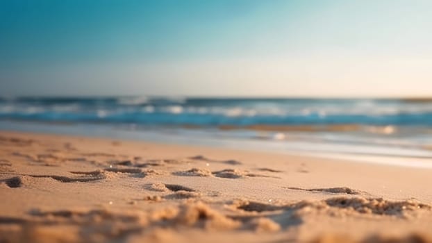 Closeup sea surf and sand beach at sunny day. Neural network generated in May 2023. Not based on any actual scene or pattern.
