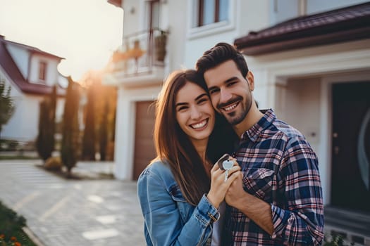 Young adult heterosexual Caucasian couple bought a new home and holding its key in front of the house. Neural network generated image. Not based on any actual person or scene.
