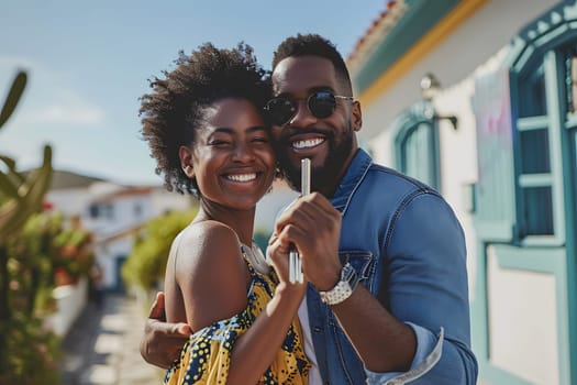 Young adult heterosexual African American couple bought a new home and holding its key in front of the house. Neural network generated image. Not based on any actual person or scene.