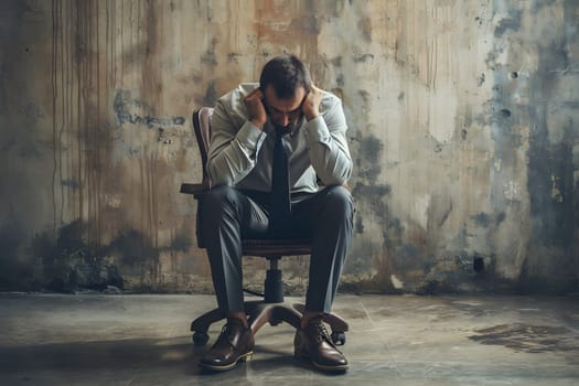Businessman seated in his chair in frustration and stress. Neural network generated image. Not based on any actual person or scene.