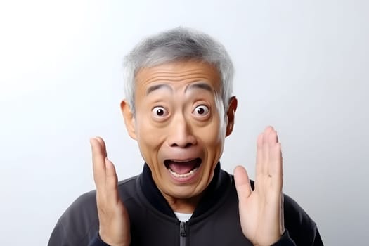 Surprised Asian man with glasses on white background. Neural network generated image. Not based on any actual person or scene.