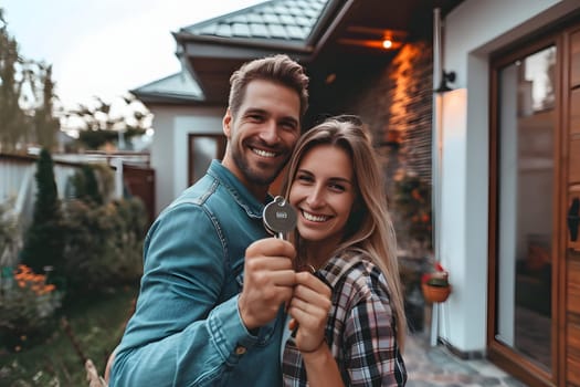 Young adult heterosexual Caucasian couple bought a new home and holding its key in front of the house. Neural network generated image. Not based on any actual person or scene.