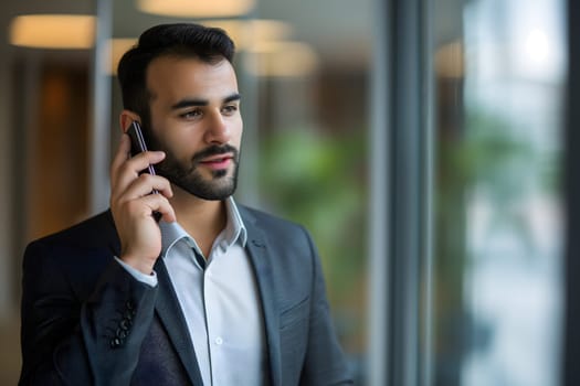 Young adult Caucasian business man answering to mobile phone call. Neural network generated image. Not based on any actual person or scene.