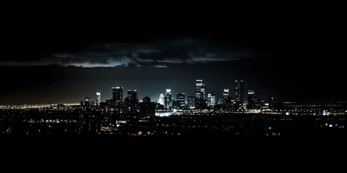night city lights in the distance with black background. Neural network generated in May 2023. Not based on any actual scene or pattern.