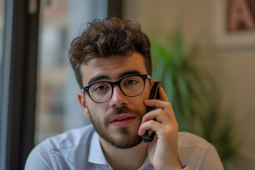Young adult Caucasian business man answering to mobile phone call. Neural network generated image. Not based on any actual person or scene.