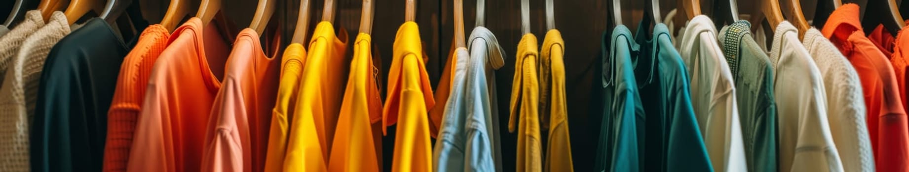 A wide view of a diverse selection of colorful clothes neatly arranged in a closet