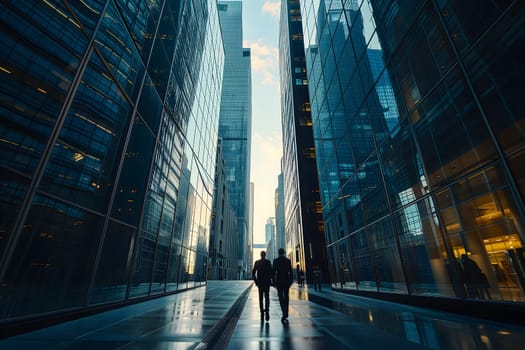 Close up abstract business background with businessmen navigating the cityscape, Interacting and collaborating. Neural network generated image. Not based on any actual person or scene.