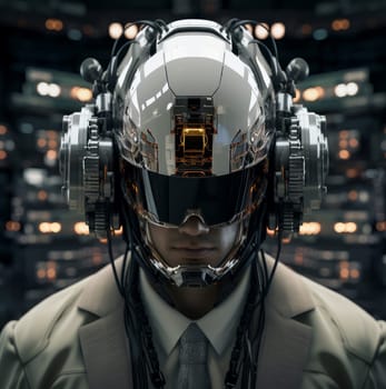 Portable Man cyber helmet. Play neon game. Generate Ai