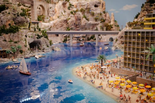 Miniatur Wunderland Hamburg in Germany, beach with hotel by the sea, museum with miniature model construction of the world , 12.12.2023