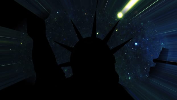 Statue of liberty against Stars in the night with light rays,Statue of liberty against Stars in the night with light rays