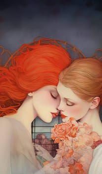 Two girls in love embrace each other. Their hair is bright red and pale blonde tones. The dress of one of them is decorated with orange roses. Intricate red patterns adorn the gray-blue background