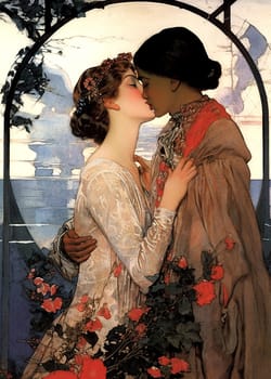 The picture shows two women embracing in front of a beautiful natural landscape. They are surrounded by colourful flowers and plants and in the background there is a stained glass window with the sea, sky and silhouettes of ships behind it, creating a romantic atmosphere. The painting uses soft and warm colours such as pink, orange and green. The women are dressed in medieval fashion, one in an elegant gown and the other in a travelling cloak. Perfect for lovers who are temporarily separated or for a sweetheart who loves to travel.
