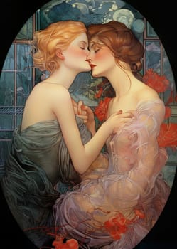 Two girls in love embrace each other among flowers. They are both wearing light, transparent dresses that emphasise their femininity and tenderness. One of them has honey-coloured hair, while the other has wheat-coloured hair. Their eyes are closed. They touch each other with their palms and fingers, as if they wanted to feel every atom of each other, they look demure, as if they had just shared a long kiss. They are surrounded by reds and oranges, and the background is in cool blues and purples with stained-glass elements.