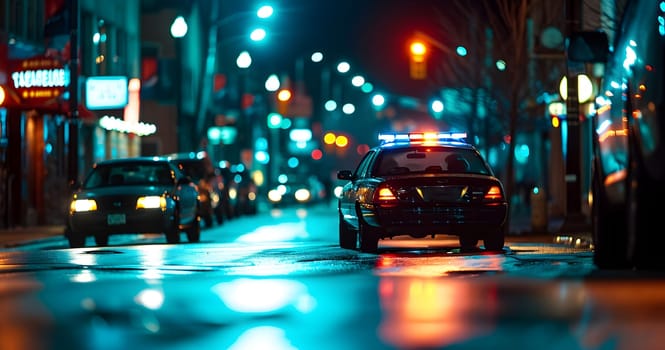 Police car with flashing siren lights at night in city street with selective focus and bokeh. Neural network generated image. Not based on any actual person or scene.
