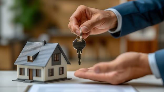 Hands of salesman holding key near house model and paper document on table. Neural network generated image. Not based on any actual person or scene.