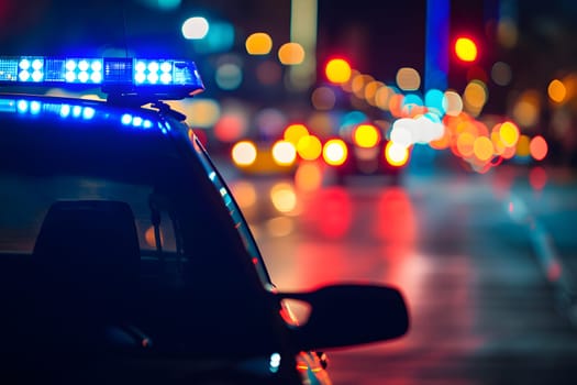 police car lights at night in city street with selective focus and bokeh. Neural network generated image. Not based on any actual person or scene.