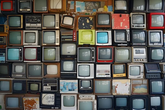 Many old analog tv sets stacked along the wall. Digital neural network generated image. Not based on any actual scene or pattern.