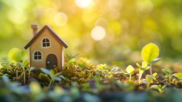 Spring background with a tiny toy house symbolizing family mortgage construction rental and property concepts. Neural network generated image. Not based on any actual person or scene.