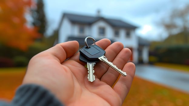 Caucasian hand holding keys in front of new house. Neural network generated image. Not based on any actual person or scene.