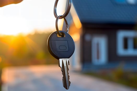 Keys in front of new house at sunny summer morning or evening. Neural network generated image. Not based on any actual person or scene.