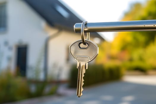 Keys in front of new house at sunny summer morning or evening. Neural network generated image. Not based on any actual person or scene.