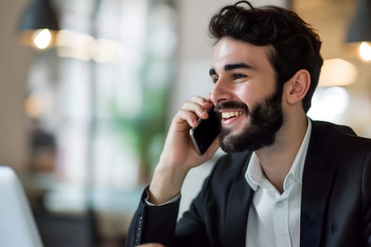 Young adult Caucasian business man answering to mobile phone call. Neural network generated image. Not based on any actual person or scene.