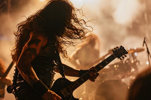 Long-haired rock musician with electric guitar playing in dark smoke with orange lighting. Neural network generated image. Not based on any actual person or scene.