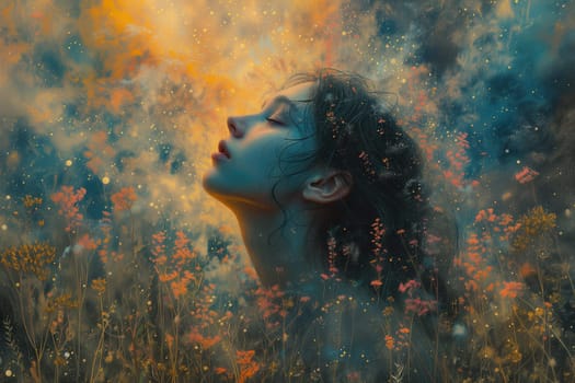Human mind with flowers, positive thinking, creative brain, self care and mental health concept, woman with spring blossoms