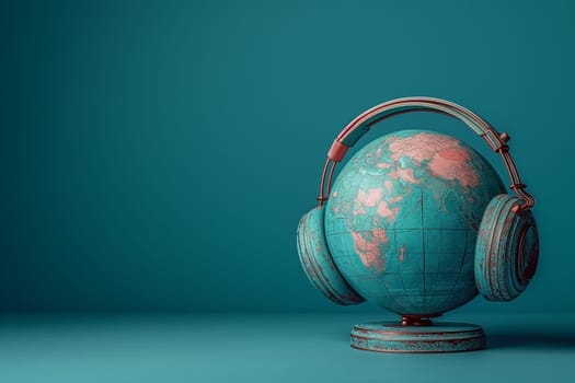 Planet earth with headphones, world music day, listening to global sound and acoustic wave