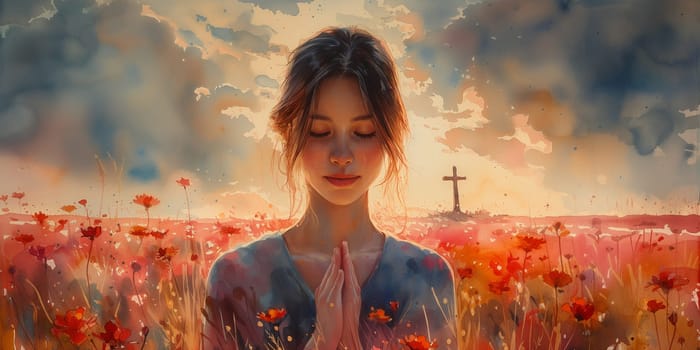 Woman praying, religious cross, christian church, belief and faith concept, catholic and protestant community, religion of Jesus Christ