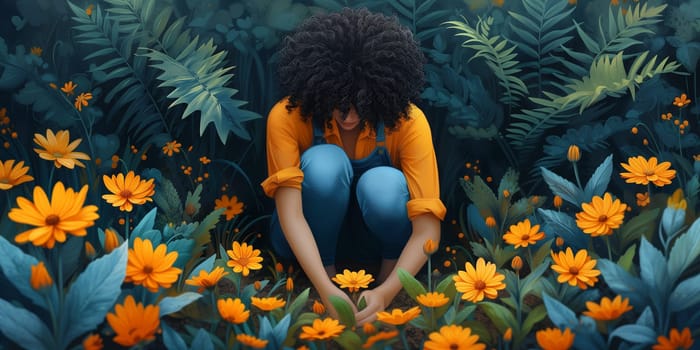 Young woman is growing flowers in the garden, gardening in the spring, leisure activity