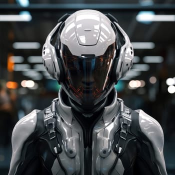 Robust Man cyber helmet. Play neon game. Generate Ai