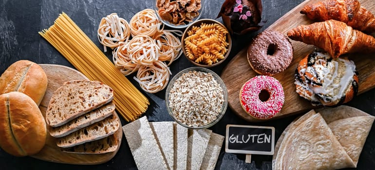 Composition with variety of food products containing gluten.