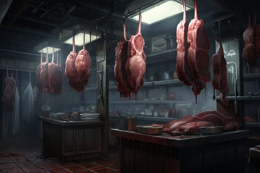 Sanitary Meat butcher shop. Food market. Generate Ai