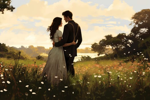 Pastoral Meadow couple art. Active care. Generate Ai